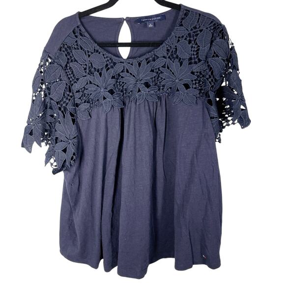 Tommy Hilfiger, Size 3X, Navy Lace Blouse, Scoop Neck, Short Sleeve, Plus - Picture 1 of 8
